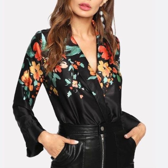 ZARA BLACK FLORAL PRINT BODYSUIT WITH LAPEL COLLAR  SATIN BLOUSE WOMENS SIZE S - Picture 2 of 12
